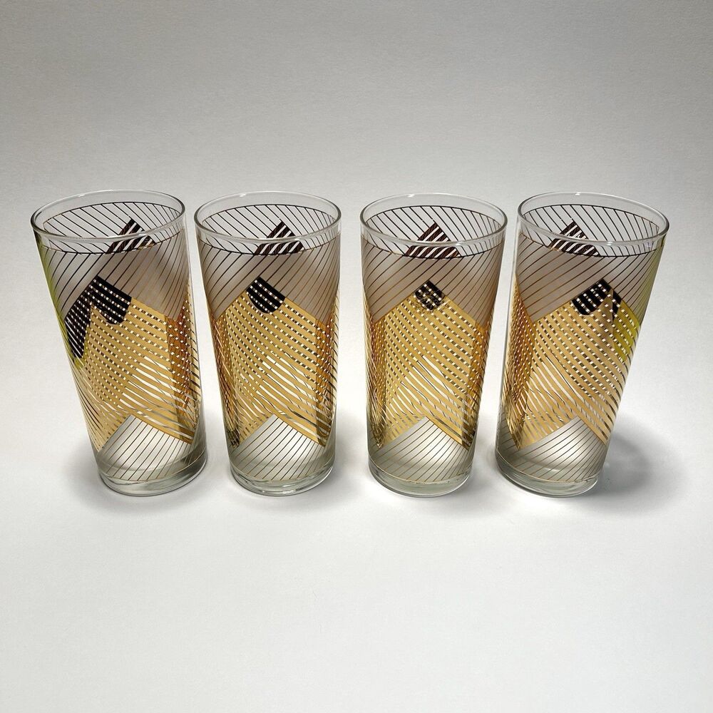 Set of 4 Vintage Culver 22k Gold Frosted Chevron Highball Glasses Signed MCM